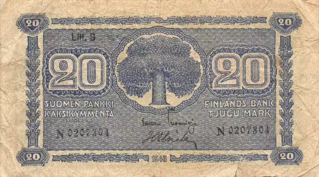 Finland  20  Markkaa  1945  Series  N  Litt. B   Circulated Banknote CCD