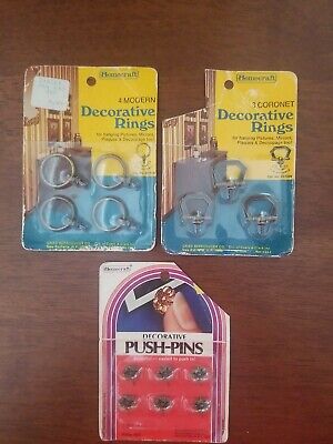 Lot 3 Vtg Homecraft Antique Brass Decorative Rings & Pins Hanging New on Card