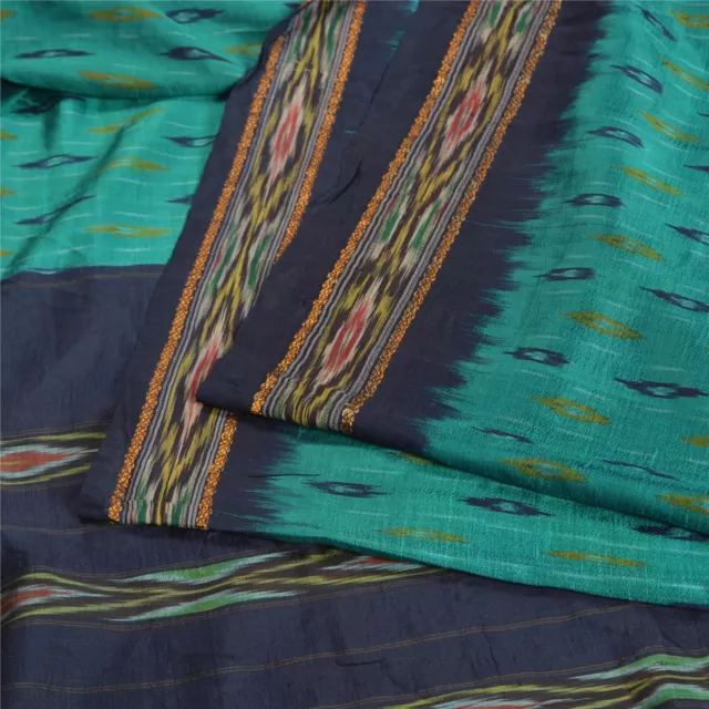 Sanskriti Vintage Sarees Blue Pochampally Hand Woven Ikat Pure Silk Sari Fabric