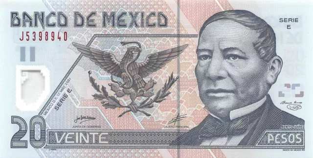 Mexico 20 Pesos 2001 P-116a Serie E Prefix J Stain Polymer Banknote Unc