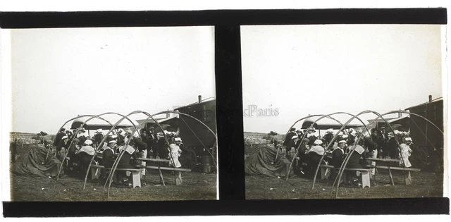 Sailors Outdoor Lunch France Photo Stereo Glass Plate Vintage c1930