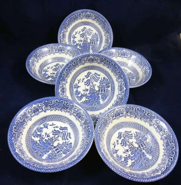 ENGLISH IRONSTONE TABLEWARE SET 6 OLD WILLOW DESSERT BOWLS - 16.3 cm diameter