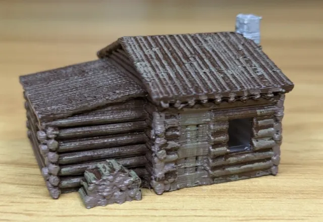 N-Scale - Small Rustic Log Cabin with Side Addition and Woodpile 1:160 Scale