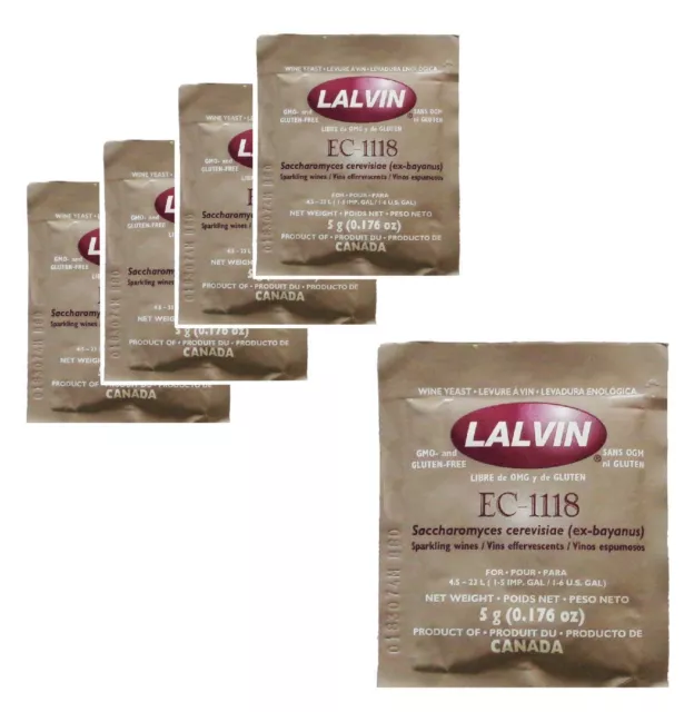 5x Lalvin EC-1118 Lievito di Champagne 5g Bustina 18% Produzione Homebrew 4,5 L-23 L