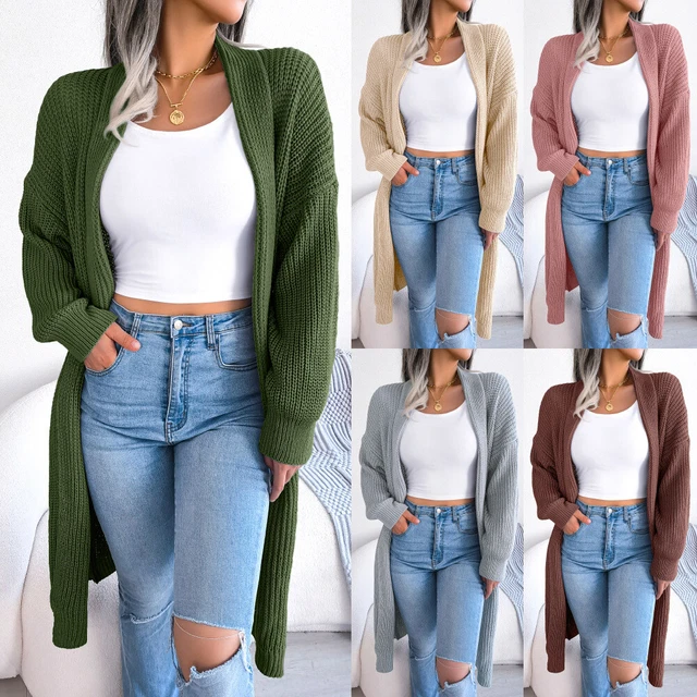 Damen-Cardigan Grob Gestrickt Übergroß Damen-Langarm-Maxi-Cardigan-Tops ~ O