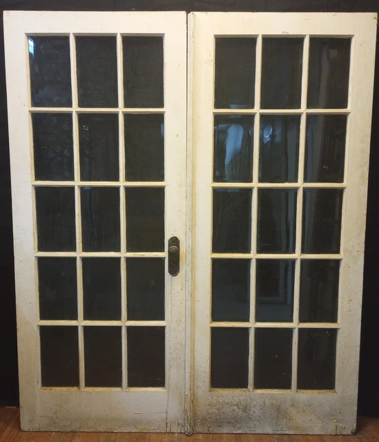 Pair of 15 Pane & Wood Interior French Doors with Hardware 34" x 81 1/2"