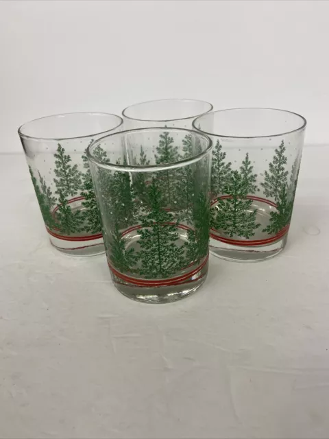 Vintage Libbey Glass Green Winter Christmas Trees Glasses Set of 4
