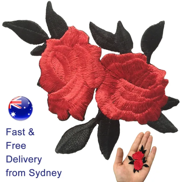 Two Roses with leaves Iron on patch - red rose flower blossom iron-on patches