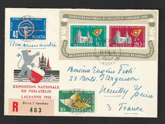 SCHWEIZ 1955 Block 15 R-Brief FDC 15.2.55 nach Frankreich, ruecks. Ank.-stempel