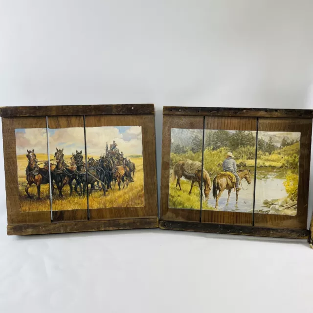 Vintage Rustic Western Cowboy Wooden Horse Picture Wall Hanging Decor Lot of 2