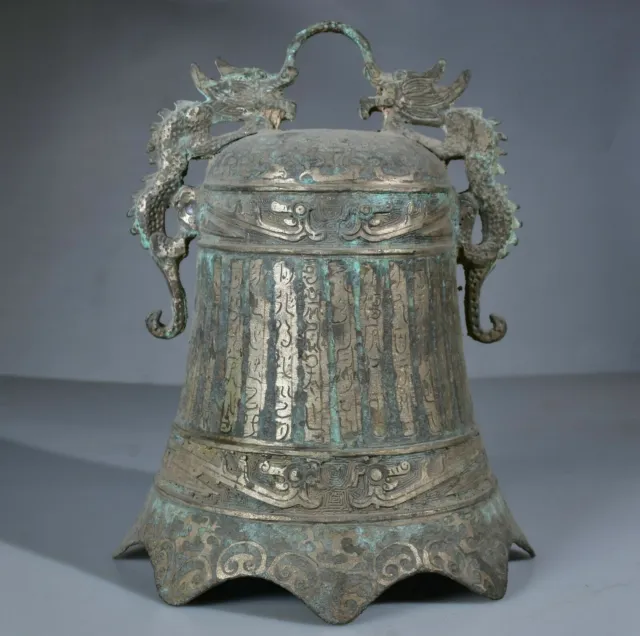 28CM Rare Old Chinese Bronze Silver Dynasty Two Dragon Hang Words Antique Bell