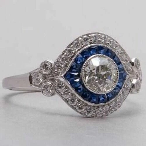 Art Deco Style Simulated Diamond & Sapphire Women Engagement Ring In 925 Silver