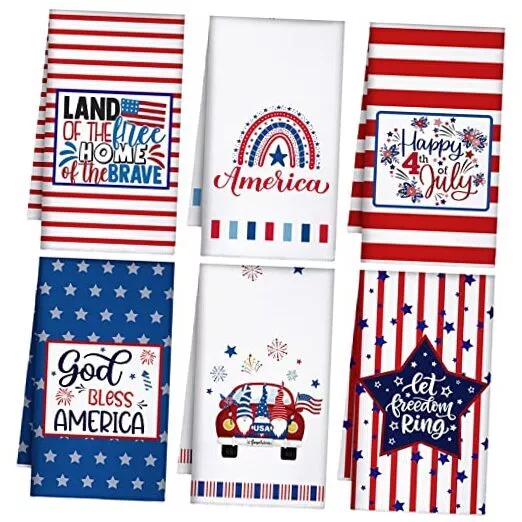 6 Pcs 4th of July Kitchen Dish Towels Set Patriotic Red White Blue Hand Towels