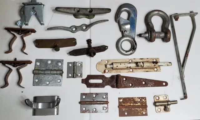 Lot Of 18 PC Assorted Old Hardware Hooks Hinges Locks Boat Cleats PLUS ++