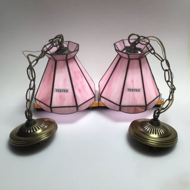 Vtg. PAIR Leaded Glass Stained Streaked Magenta Fuchsia Pink Hanging Light Lamps 2