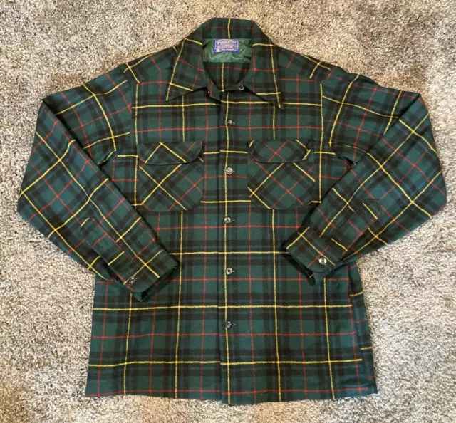 Vintage Pendleton Shirt Mens Small Green Plaid Wool Flap Pocket Loop Collar USA