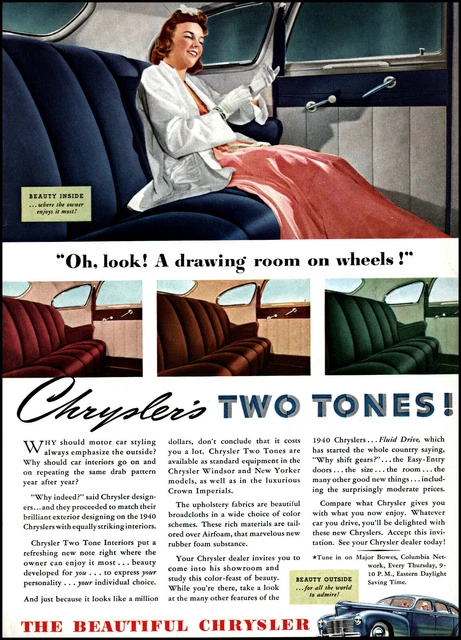 1940 Woman riding in Chrysler Car drawing room wheels vintage art print ad ads77