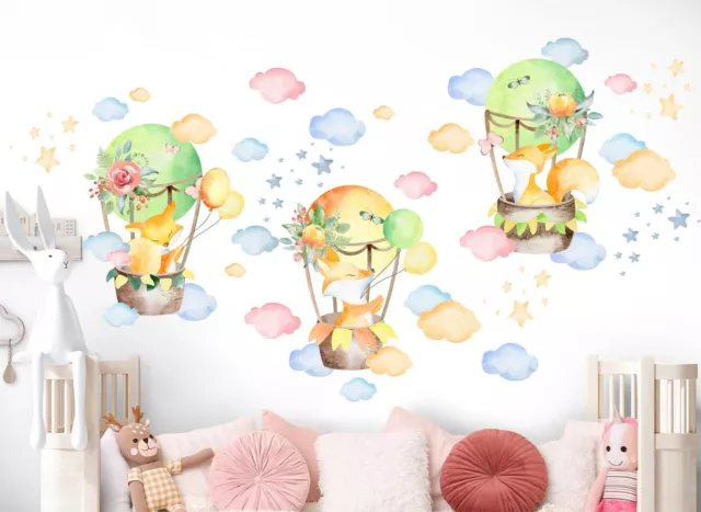 Baby Fox on Hot Air Balloon with Flowers Removable Wall Sticker Baby Room