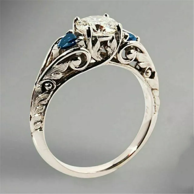 Three Stone Design White Round With Blue Sapphire Engagement Ring In 935 Silver 2