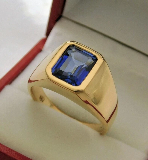 Natural Blue Sapphire 2.50Ct 14K Yellow gold Emerald Cut Men's Father's Day Ring