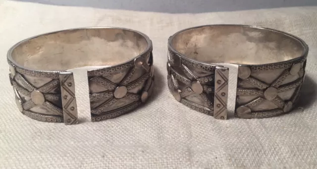 Pair Antique Ethnic Tribal Ornate Solid Sterling Silver Bangle Bracelets 3