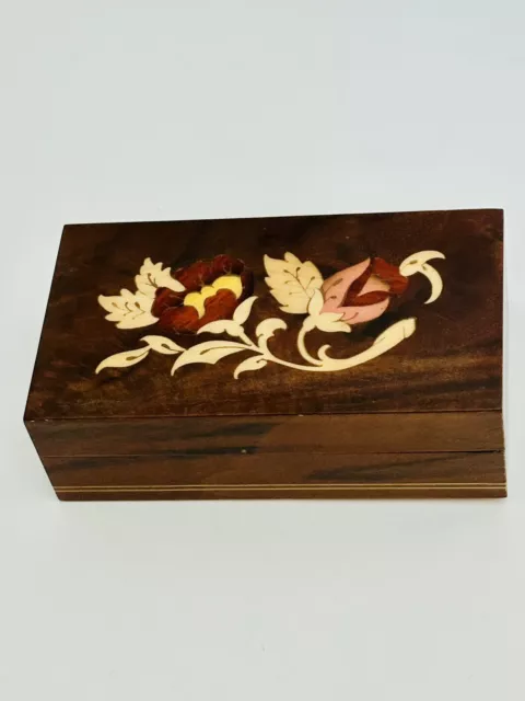 Lacquered Italian Wood Inlaid Marquetry Trinket Jewelry Box Floral Design