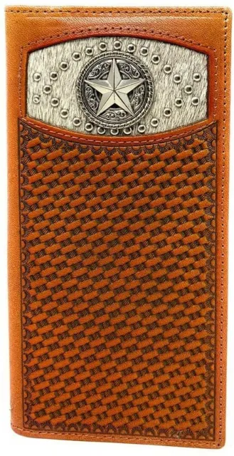 Western Men's Basketweave Genuine Leather Star Long Cowhide Stud Bifold Wallet