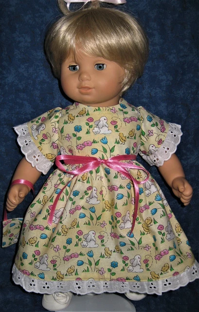 For 15" Bitty Baby or Bitty Twin- Spring Dress with Bunnies & Flowers & Purse