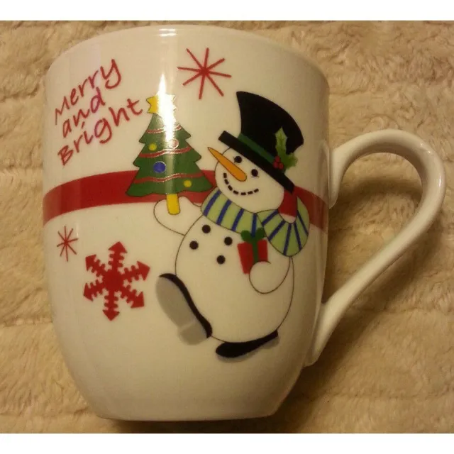 Taza de café de Navidad FITZ AND FLOYD 10 OZ muñeco de nieve alegre y brillante