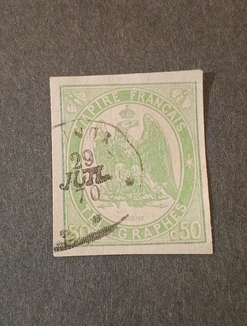 Timbre France Yvert No 53 Type Cérès 5c vert-jaune s. azuré Oblitéré CaD type 17