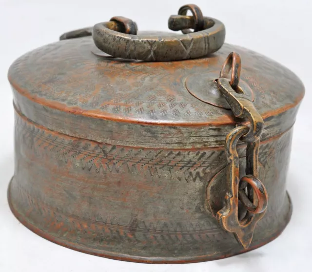 Antique Copper Round Chapati Bread Box Original Old Hand Crafted Fine Engraved