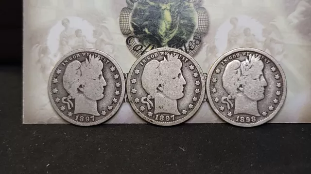 Lot of 3 Barber Quarters 25c 1897 P, 1897 O & 1898 P