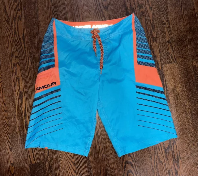 Boys Under Armour Aqua Orange Board Shorts Swim Trunks Bathing Suit 27” Size 14