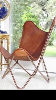 Tan Color Handmade Leather Stitch Butterfly Full Folding Iron Relax Arm Chair