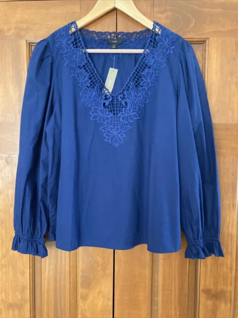 NWT JCrew Women’s long sleeve navy embroidered blouse top size Medium