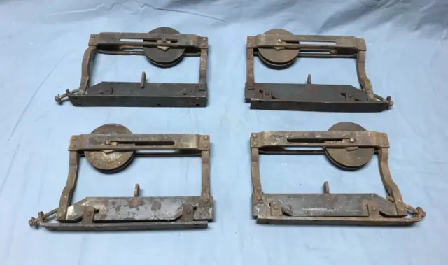 Antique Set 4 VTG Steel Parlor Door Hangers Single Wheel Rollers Pulleys 285-23B