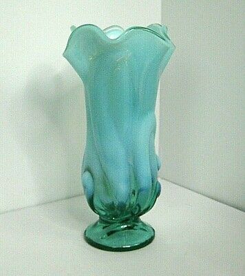 9" Fenton vase aqua opalescent swirl circa 1960's Art Glass