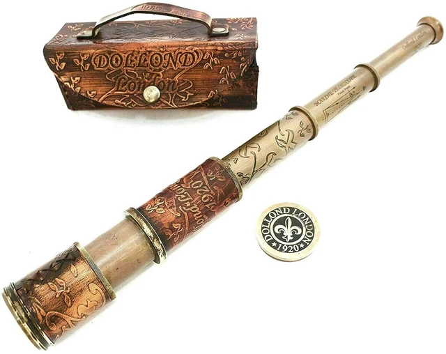 Telescopio De Latón Náutico Marino Antiguo Cuero Pirata Vintage Spyglass Visor