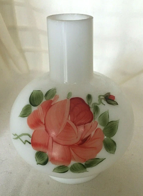Vintage Milk Glass 5” Lamp Shade Hand Painted Floral Rose Rosebud