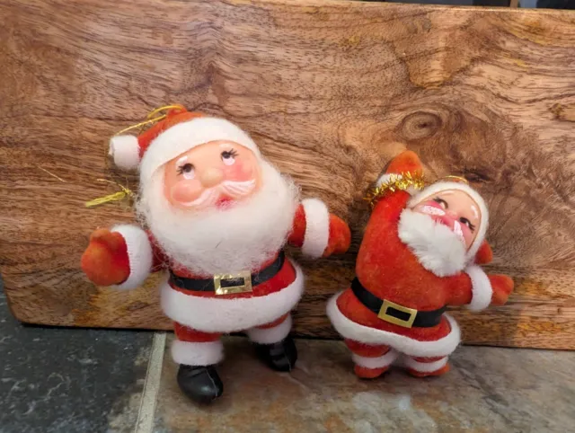 Flocked Santa Claus Vintage Christmas Ornaments Set Of Two