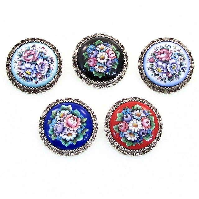 Broche émaillée Finift Artisanale - Motif Floral Peint Main, Plaquée Argent - Neuf Avec étiquettes