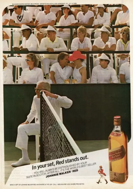 1986 Vintage Print Ad Johnnie Walker In your set, Red Stands Out Tennis Scotch