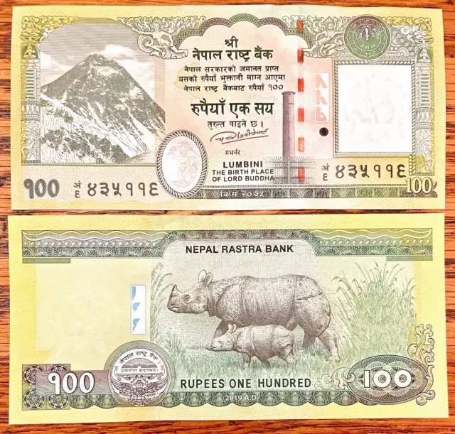 100 Nepal Rupee Bank Notes 2019 Mt. Everest, One Horned Rhino