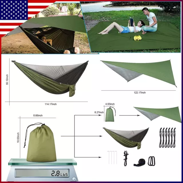 Double Person Camping Hammock Travel With Mosquito Net + Rain Cover Tent Pad Mat
