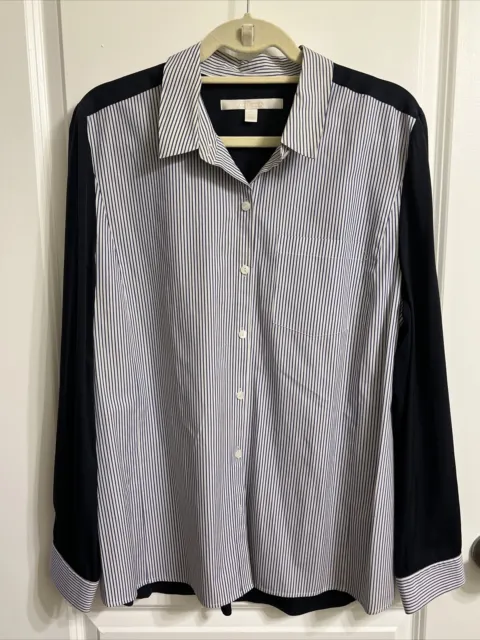 Nordstrom Collection Top Womens XL Mixed Media Poplin Silk Combo Navy Striped