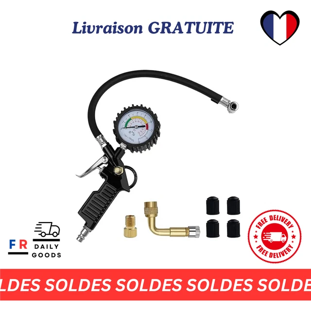 Manomètre Pression Pneu Avec Pistolet De Gonflage – 220 PSI / 16 Bar – Pour Voiture, Camion, Moto, Vélo