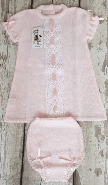 Beautiful Spanish Pink Knitted Lace Panel Dress and Jam Pants Outfit / Set.