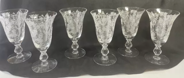 Set Of 6 Cambridge Glass Rose Point 5 3/4" Goblets Stems 3121