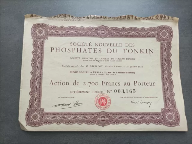 Ancien Titre, Action, Société Nvelle Des Phosphates Du Tonkin, 1924