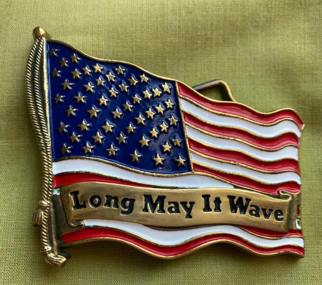 Nice Vintage 1981 Long May It Wave American Flag USA solid Brass Belt Buckle